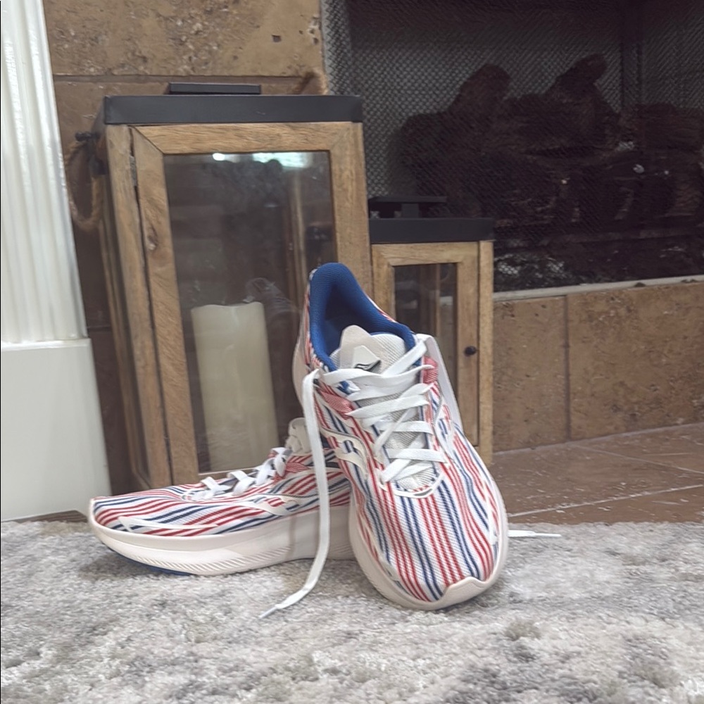 Saucony Red, Blue, and White Striped Sneakers